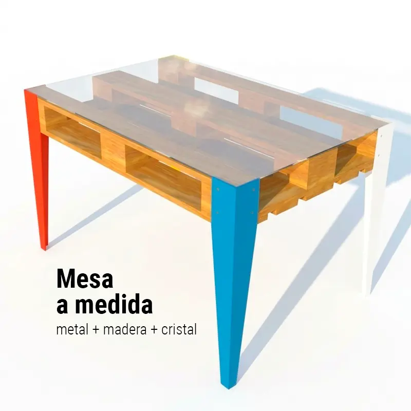 Mesa a media con metal madera palet y cristal para cachivache taberna