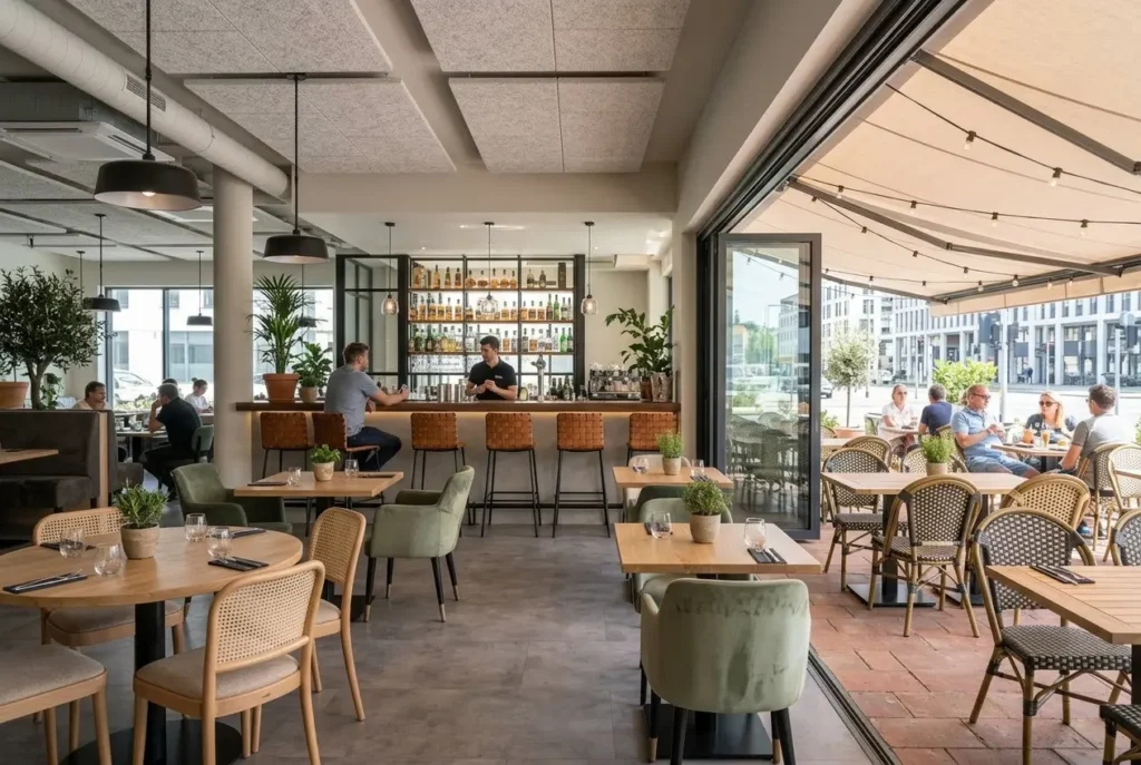 restaurante con sala barra y terraza mobiliario coherente Ingenia Contract