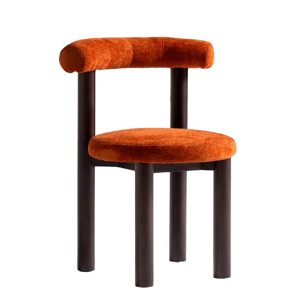 silla tapizada Aspendos con asiento redondo y respaldo cilíndrico