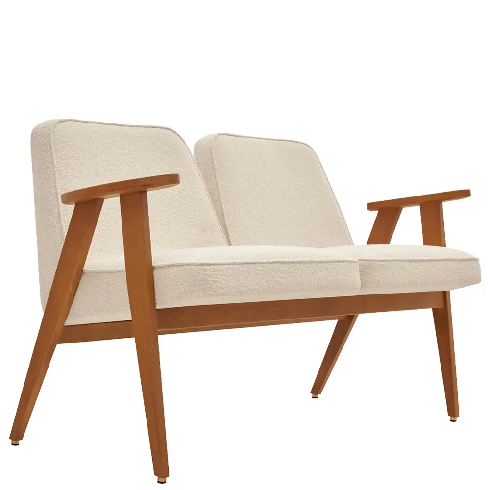 sofa dos plazas estilo nordico madera roble tapizado beige para hoteles y hosteleria vistula escorzo