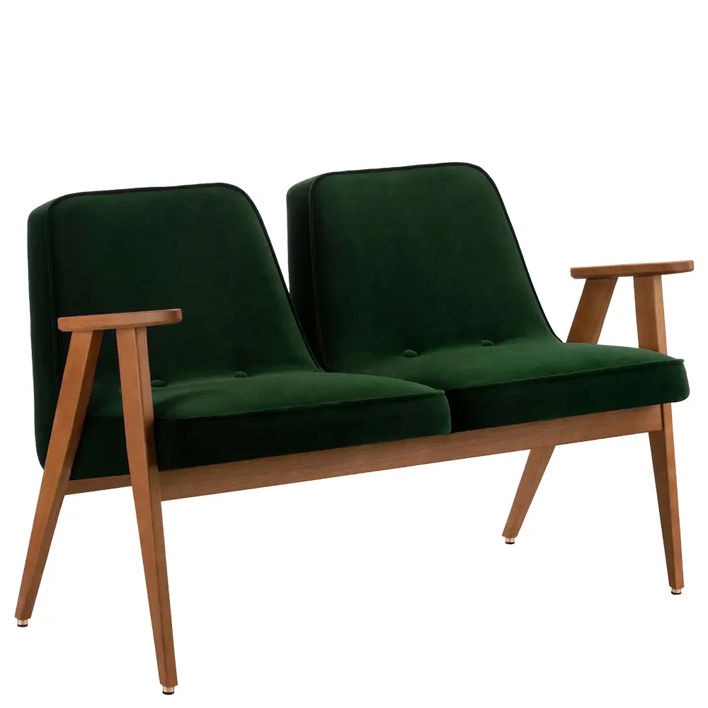 sofa dos plazas estilo nordico madera roble tapizado verde para hoteles y hosteleria vistula escorzo