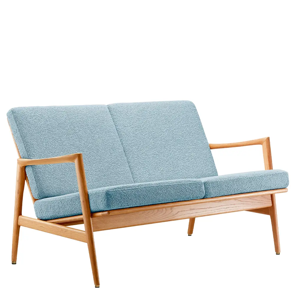 sofa madera roble tenida asiento y respaldo tapizado para hoteles y habitaciones azul escorzo