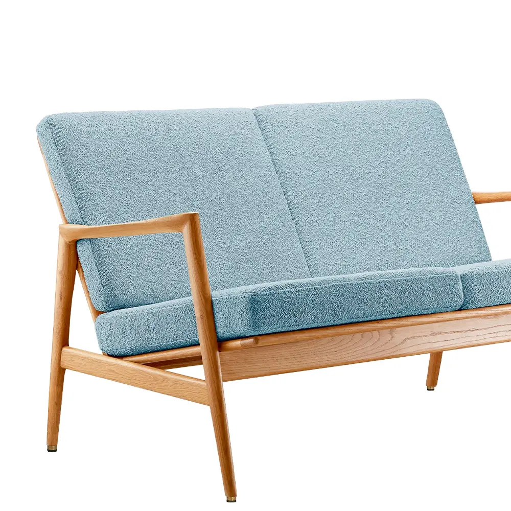 sofa madera roble tenida asiento y respaldo tapizado para hoteles y habitaciones azul