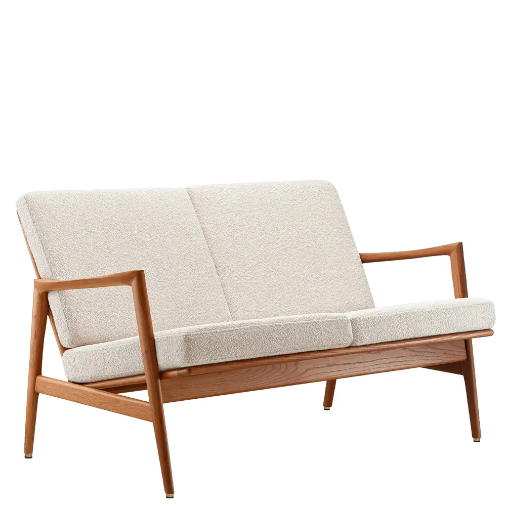 sofa madera roble tenida asiento y respaldo tapizado para hoteles y habitaciones beige escorzo
